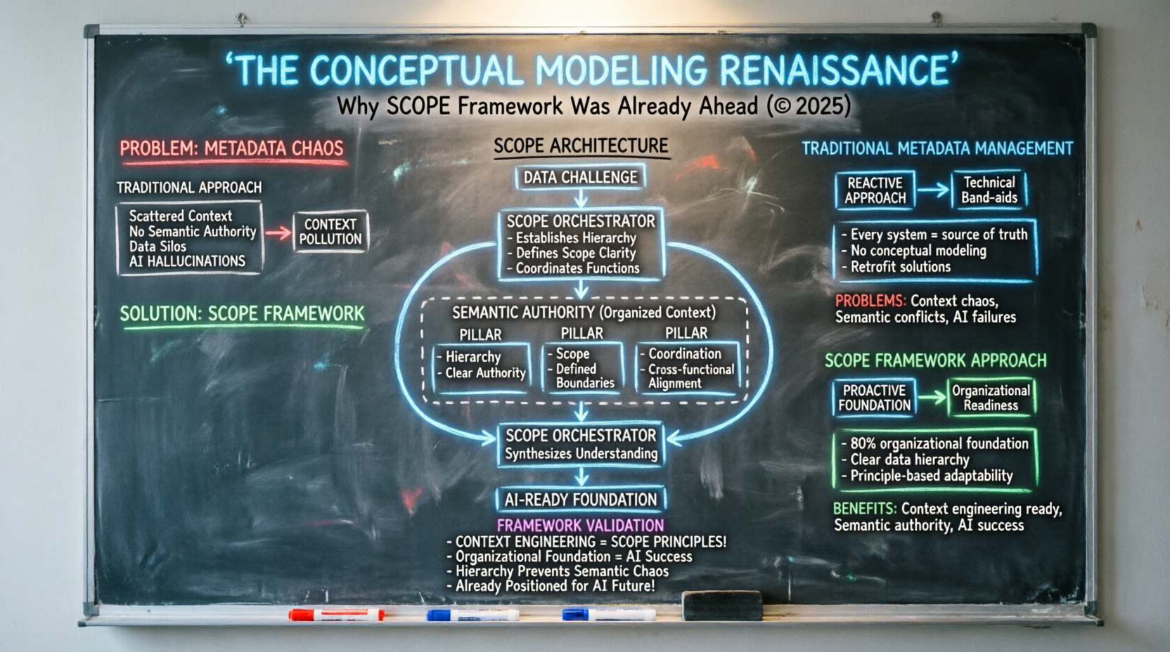 Diagram showing "THE CONCEPTUAL MODELING RENAISSANCE" comparing metadata chaos to SCOPE Framework's organized AI approach.