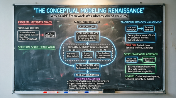 Diagram showing "THE CONCEPTUAL MODELING RENAISSANCE" comparing metadata chaos to SCOPE Framework's organized AI approach.